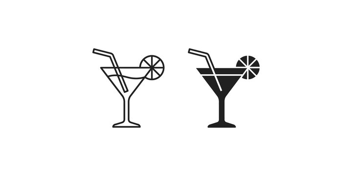 Cocktail glass icons with lemon slice and straw for bar menu or beverage branding.