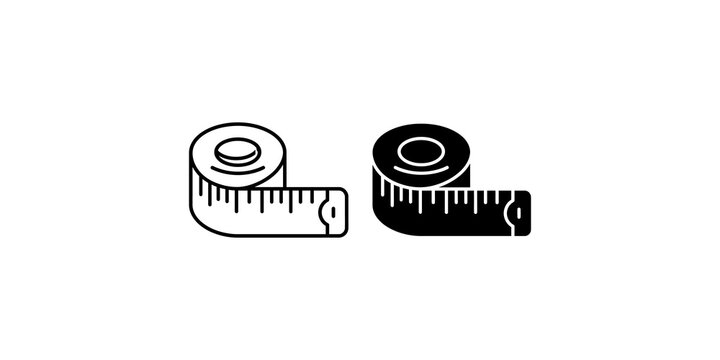 Measuring tape icon set with coiled fabric for tailoring construction and body sizing.