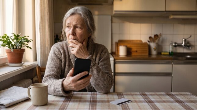 Senior woman questioning a suspicious phone payment request
