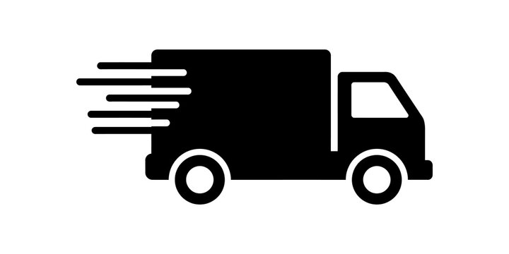 Moving black delivery truck icon for logistics and shipping services.