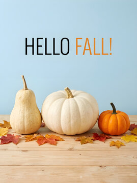 Minimalist Autumn Seasonal Greeting with Pumpkins and Fall Leaves