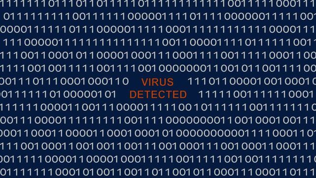 Virus detected text or word with digital binary animation background, designed for digital world technology concept representing malware alert and cyber security threat.Run the binary code.