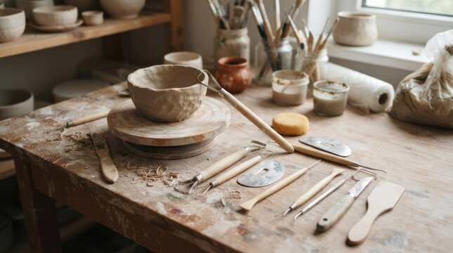 A pottery studio with a wooden table covered in clay tools and pottery pieces, including a spinning wheel and various sculpting tools. The background shows shelves with more pottery 
