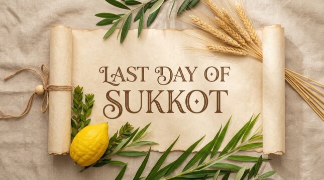 Last day of sukkot greeting card with etrog fruit and palm leaves on a rustic wooden table background