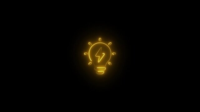 Glowing light bulb idea icon animation on black background.Technology energy concept.Concept of creative innovation and artificial intelligence.