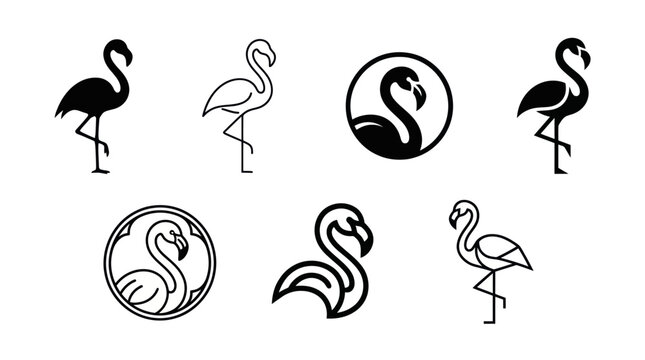 Minimalist flamingo silhouettes and linear bird logos collection.