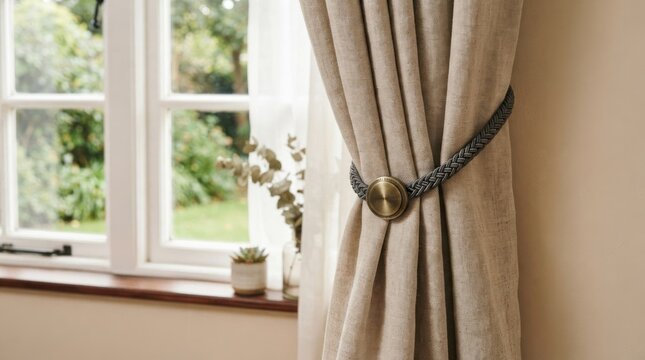 A close-up of a beige curtain tied with a braided rope and a brass button, hanging in front of a window with a view of greenery outside