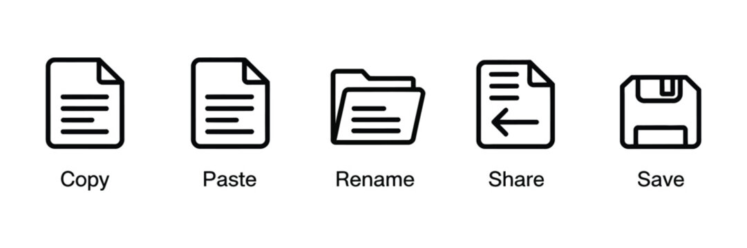 Copy paste rename share save delete icon symbols featuring simple line and glyph styles for file management, document editing, digital interface, apps, and websites