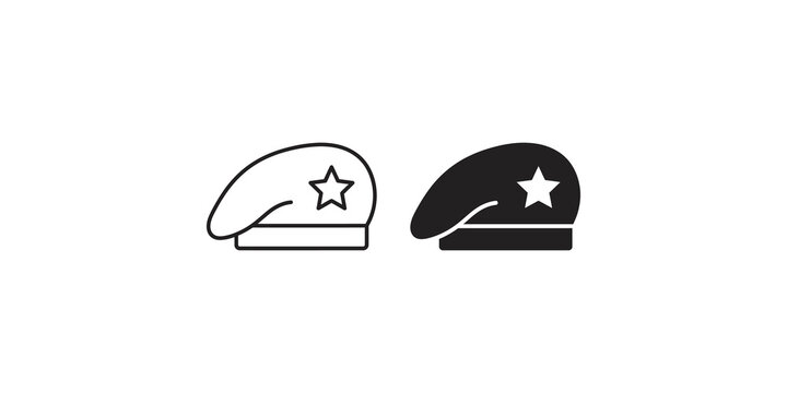Military beret icons with star insignia in linear and solid black styles for armed forces badges and tactical gear branding.