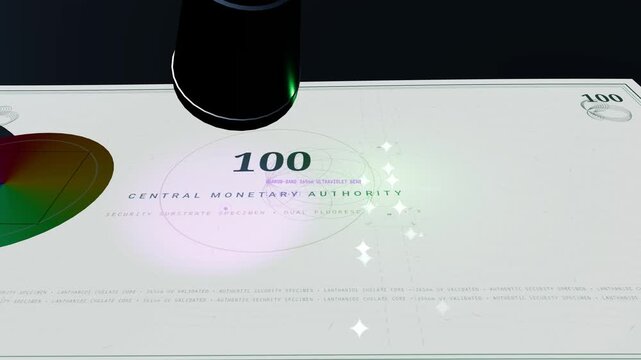 3D animation of a banknote under ultraviolet light revealing a fluorescent security thread zooming in to show polymer ribbon and stokes shift radiative relaxation of phosphors