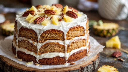 Obraz premium American cuisine. Hummingbird Layer Cake. A fluffy multi‑layer cake with pineapples and bananas, decorated with buttercream, pieces of fruit, and pecans.