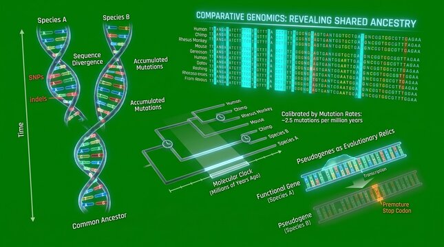 Comparative genomics diagram showing DNA sequence divergence and evolution
