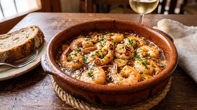 Garlic shrimp sizzling in oil