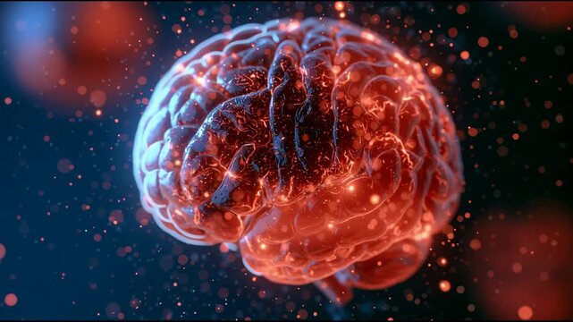Different colors and patterns appear on a glowing brain as it shows dynamic activity and response in a darkened setting.