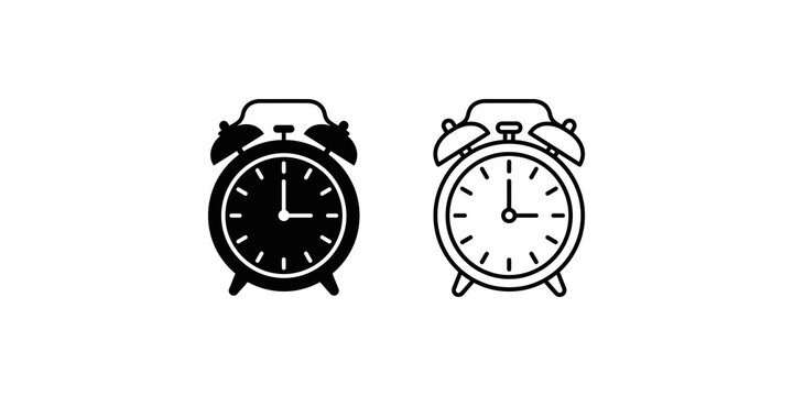 Retro alarm clock icons with clock face and bells for time management and schedule planning.