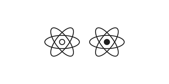 Atom science line and solid black icons for atomic research physics symbols.