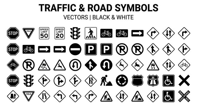 Traffic Symbol and Road Sign Vector Icon Set : Minimalist Black Symbols on White Background