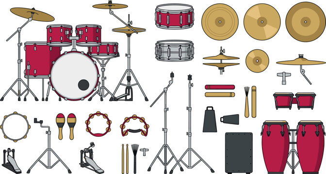 Acoustic drum kit and percussion instrument vector icon set with cymbals congas maracas tambourine cowbell snare drum and stands