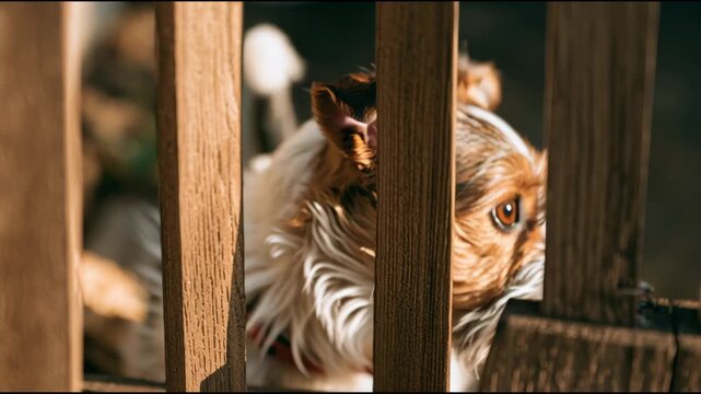 A small dog looks through the gaps in a wooden fence while showing interest in its surroundings. The dog moves slightly as it watches.