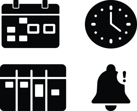 Set of black flat icons representing time management scheduling calendar clock and notification bell for business applications