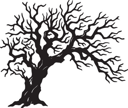 A stark black and white silhouette illustration of a gnarled leafless tree isolated on a plain background