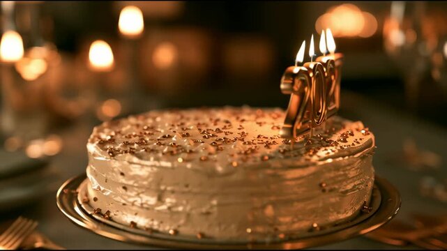 A birthday cake with candles is shown. The candles are marked with the numbers for the year 2027. The setting has soft lighting.