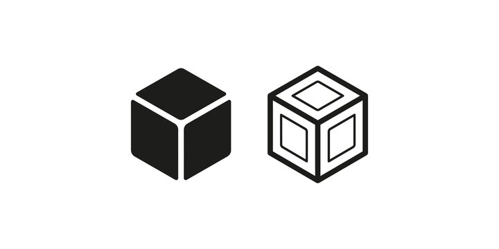 Solid and outline geometric cube icon set for digital graphics.