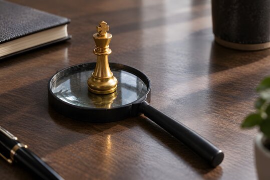 Golden Chess King Piece on a Magnifying Glass