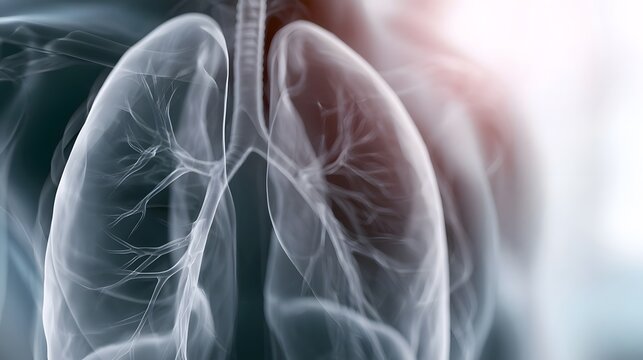 Anatomical illust n of human lungs with visible bronchial tree and surrounding thoracic structures in clinical visualization style