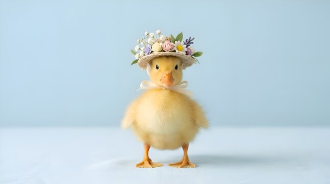 Cute Yellow Duckling Wearing Floral Straw Hat on Soft Blue Background