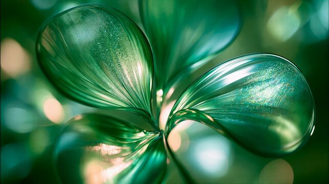 Abstract translucent green glass clover petals with bokeh light