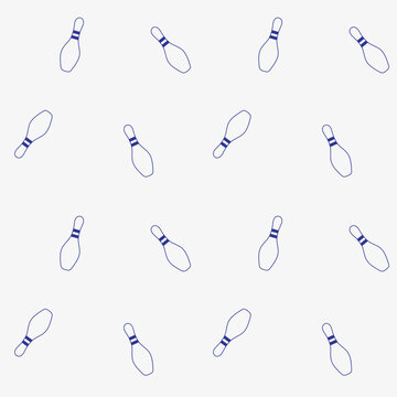 Blue line art bowling pins seamless pattern on white background, sport game vector repeating texture design