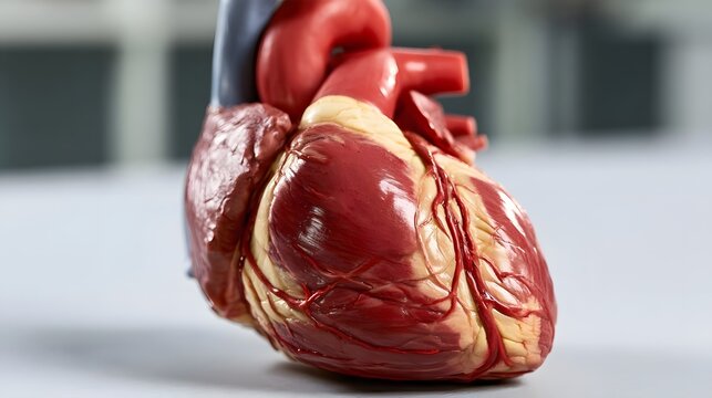A detailed anatomical model of a human heart with visible chambers  valves  and blood vessels in a clinical setting