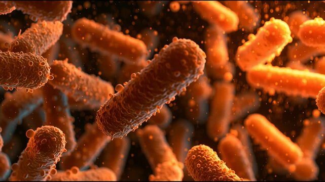 Bacteria move and interact in a dynamic fluid environment, showing changes in position and arrangement over time.
