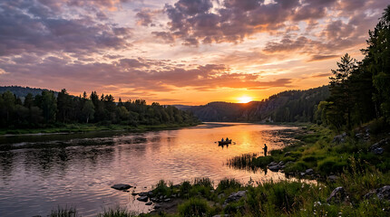 Fototapeta premium Sunset Reflection Over Peaceful Mountain Lake.