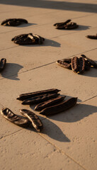 Obraz premium Carob pods drying on a stone floor, everything clean and newly maintained, warm low-angle light with long shadows