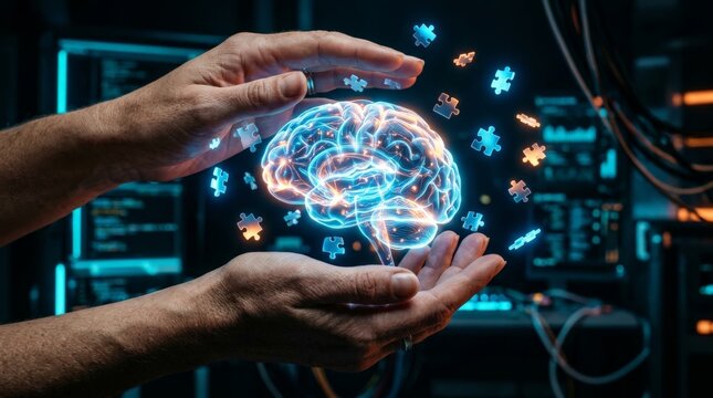 A pair of hands cupping a glowing digital brain surrounded by floating puzzle pieces representing alzheimer disease memory loss research and cognitive function in a laboratory setting