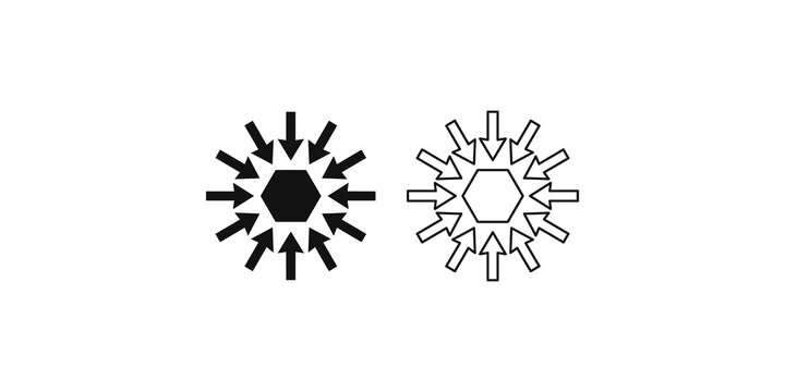Set of hexagon icons with pointing inward arrows representing data centralization or focus concepts.
