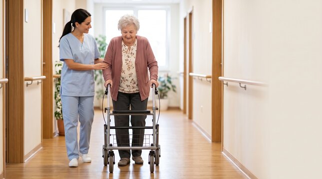 Smiling caregiver in medical scrubs supports an senior elderly woman using a walker in a corridor with handrails, doors, and daylight from a window. No visible text