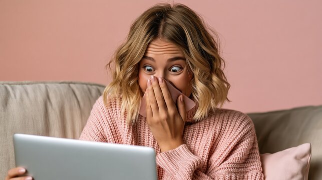 Funny woman on a couch laughing awkwardly at her laptop during an online date, hand covering her mouth, humorous online dating photo with copy space on the right