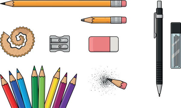 School stationary and drawing tool vector icon set featuring pencils mechanical pen eraser sharpener shavings graphite refills and colored crayons