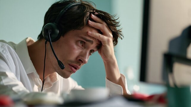 Funny IT support man in headset staring at computer screen with utter confusion in a cluttered office, humorous tech photo with copy space on the right