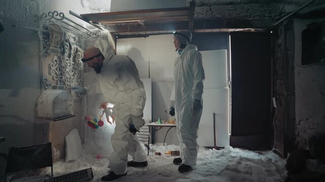 Technicians examine contaminated wall sample with dosimeter, one records meter readings while other seals container and labels evidence, methodical checklist procedures under cold light, focus