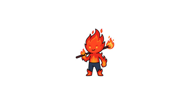 Cute cartoon fire character holding burning stick vector illustration