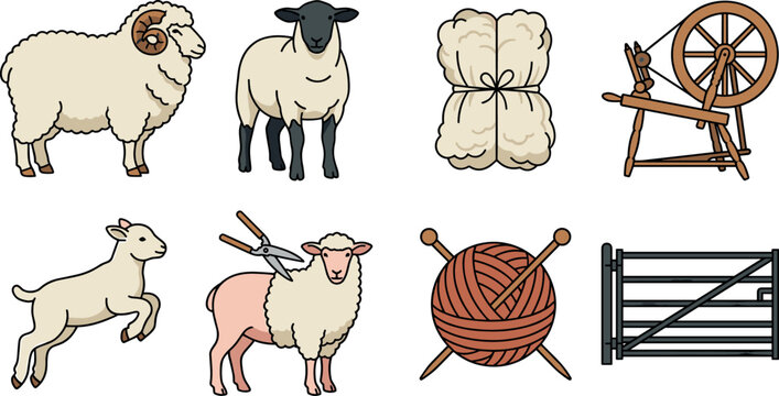 Wool production and sheep farming vector icon set featuring ram lamb shearing process raw fleece spinning wheel yarn ball and farm gate