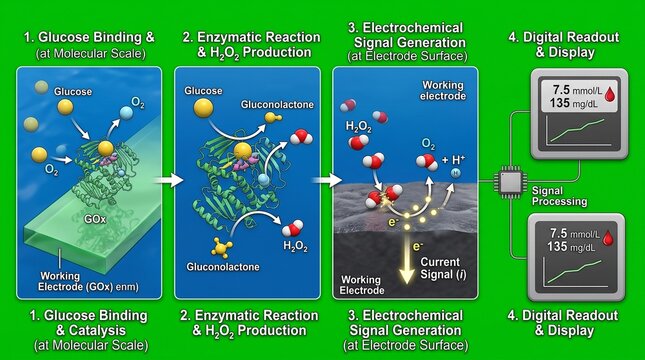 Scientific diagram showing the molecular mechanism of a glucose biosensor