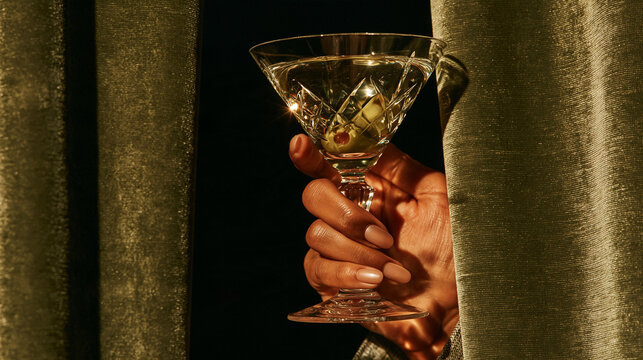 luxurious martini cocktail behind velvet curtains, elegant hand holding crystal martini glass, sophisticated cocktail bar with dramatic velvet curtains