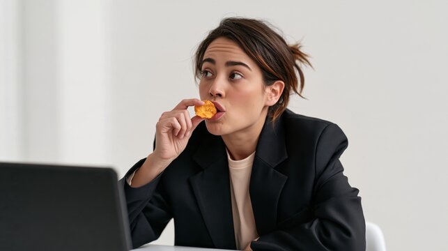 Funny woman caught mid-bite eating a snack during an online meeting while trying to look professional, humorous video call photo with copy space on the right