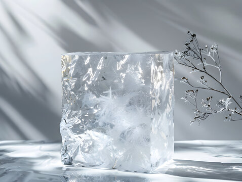 Abstract close up of a frozen glass ice block with internal air bubbles and frosty texture, minimalist studio backdrop, 3d render