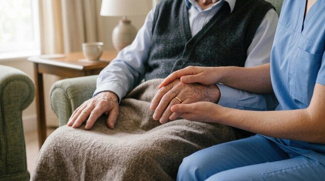 Elderly man resting on sofa with blanket, caregiver in medical scrubs holding his hand, showing support and comfort in home care setting